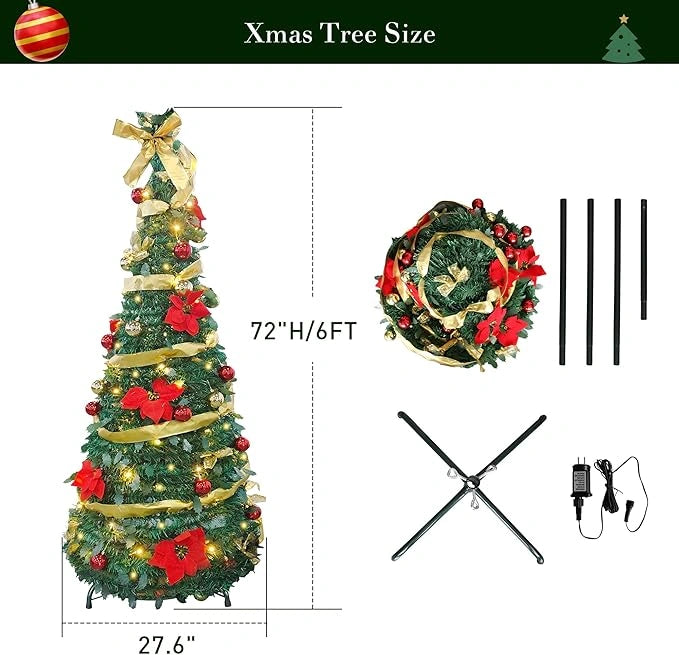 6ft Collapsible Christmas Tree, Pre-Decorated Xmas Tree with 200 Warm Lights, Pop Up Christmas Tree with Gold and Red Balls, Bows, Flowers