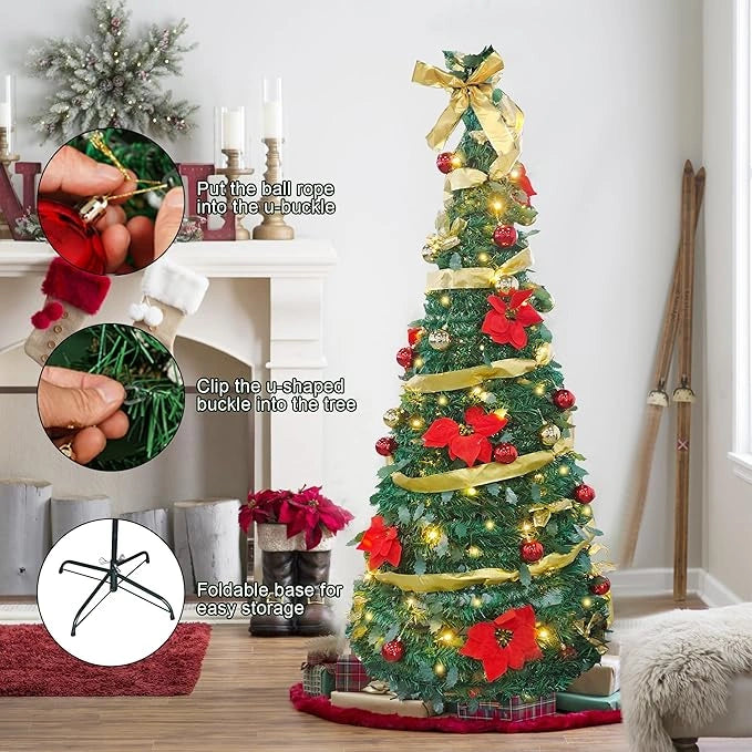 6ft Collapsible Christmas Tree, Pre-Decorated Xmas Tree with 200 Warm Lights, Pop Up Christmas Tree with Gold and Red Balls, Bows, Flowers