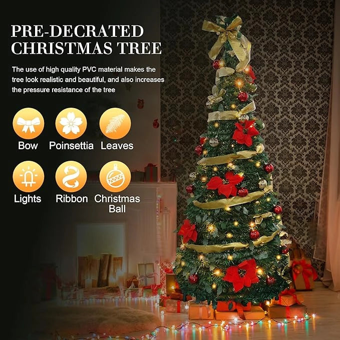 6ft Collapsible Christmas Tree, Pre-Decorated Xmas Tree with 200 Warm Lights, Pop Up Christmas Tree with Gold and Red Balls, Bows, Flowers