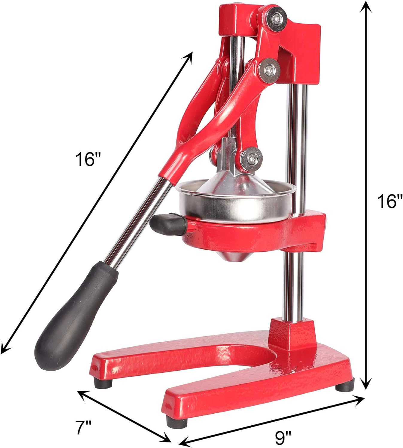 Manual Stainless Steel Citrus Juicer Squeezer with Cast Iron Base and Handle, Red