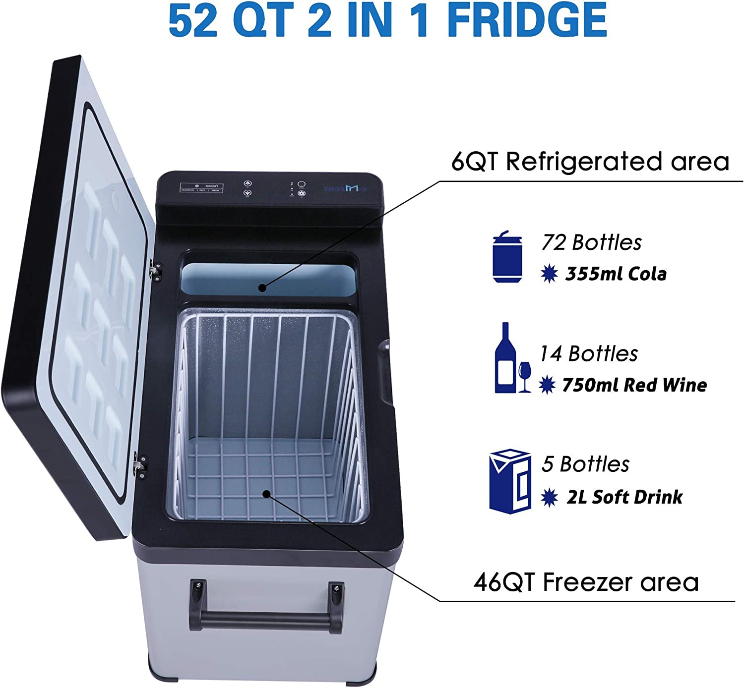 Car Refrigerator 52 Quart 12V/24V DC Portable Refrigerator Freezer Electric Cooler -7.6’H - 68‘H for RV