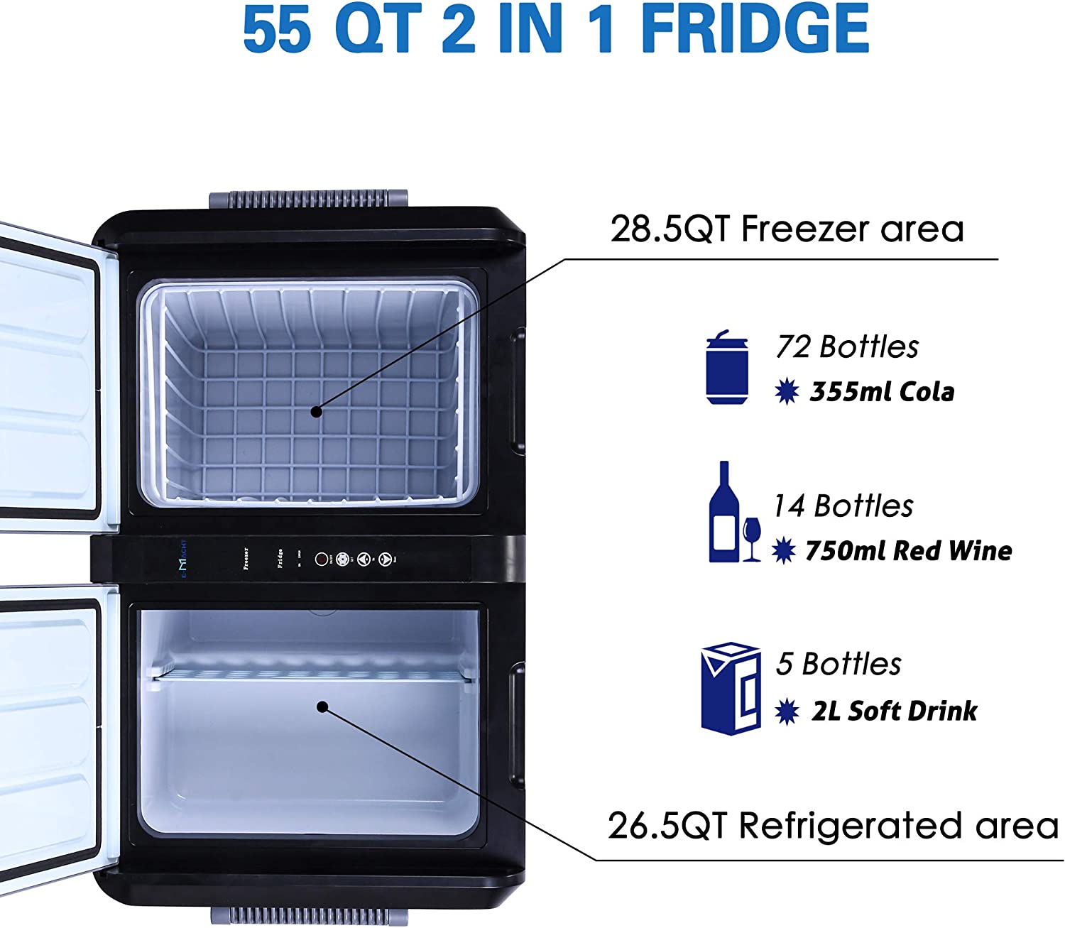 2 IN 1 Portable Car Refrigerator Freezer Shockproof Cooler 55-Quart, with LCD Display Double Doors
