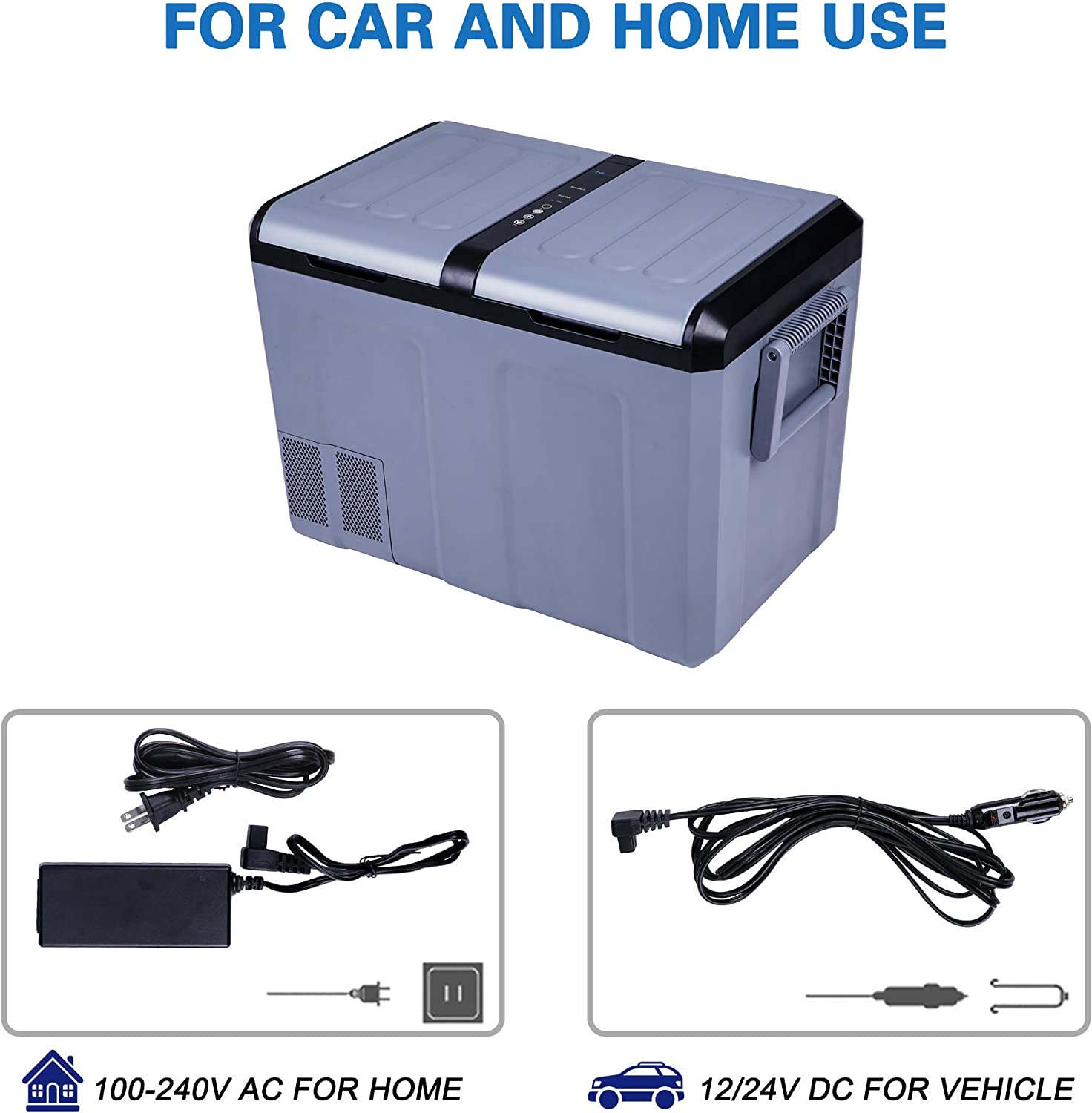 2 IN 1 Portable Car Refrigerator Freezer Shockproof Cooler 55-Quart, with LCD Display Double Doors