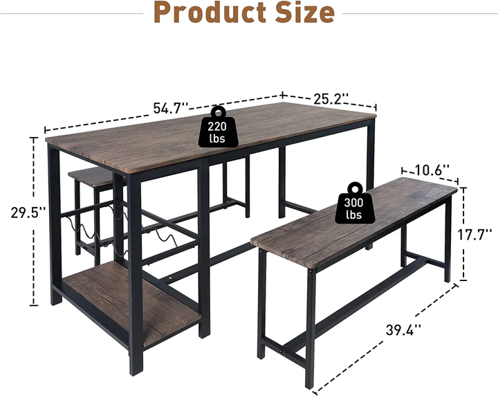 3 Piece Kitchen Table Set with Bench Dining Table Set