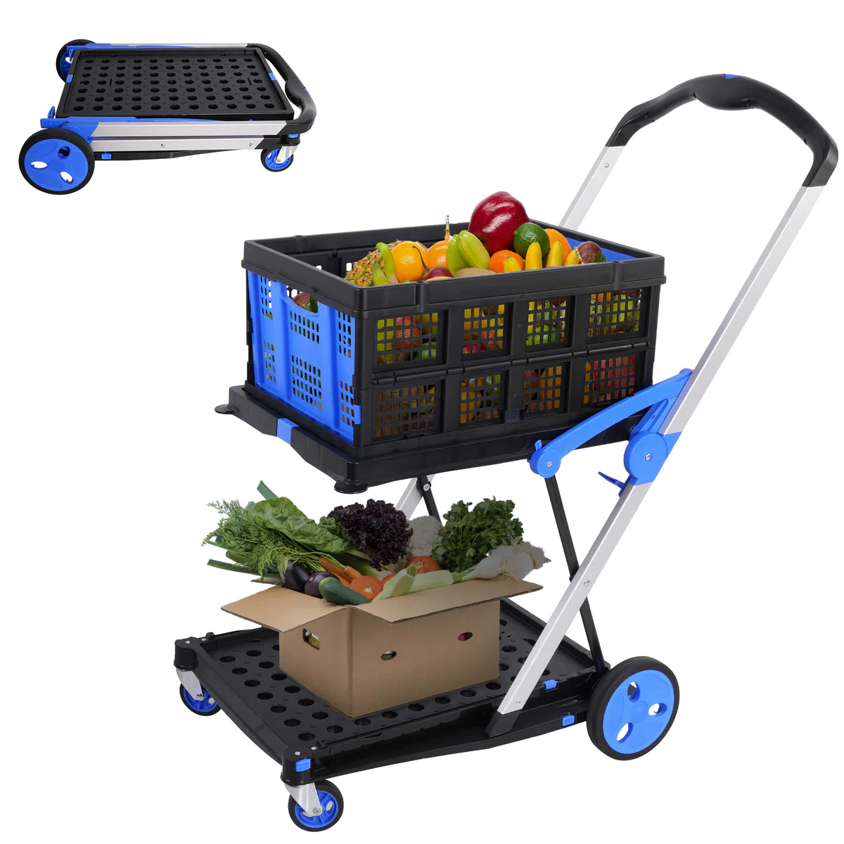 Double deck Multi-Functional Collapsible Carts Foldable Trolley with Storage Crate Rolling Swivel Wheels