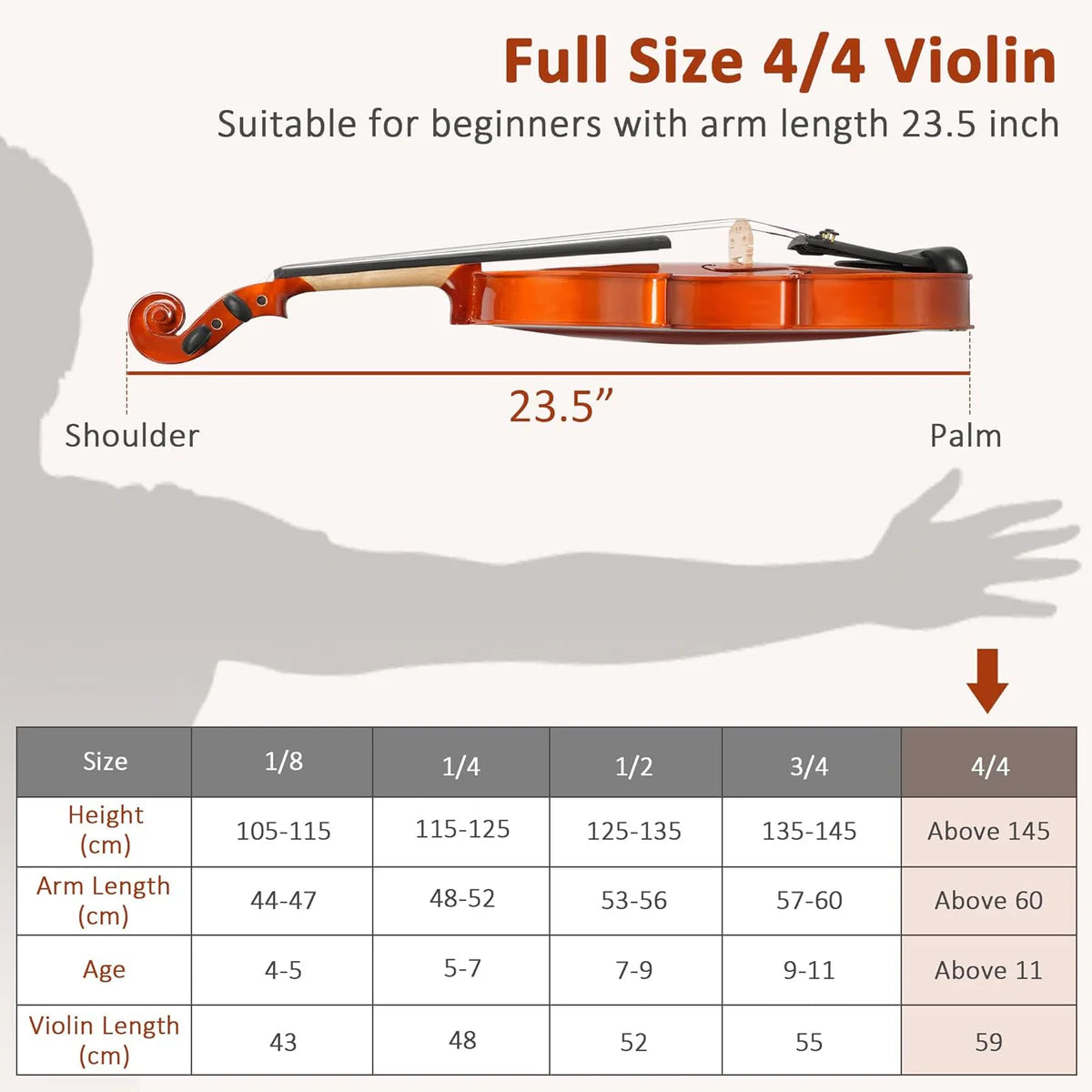 4/4 Full-Size Maple Acoustic Violin Set for Beginners with Case, Bow, Bridge, Rosin, Brown