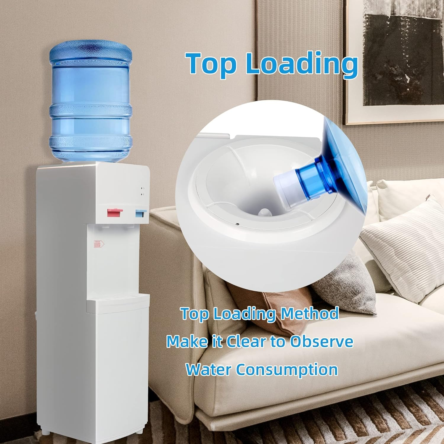 5 Gallons Hot and Cold Top Loading Water Cooler Dispenser with Child Safety Lock, White