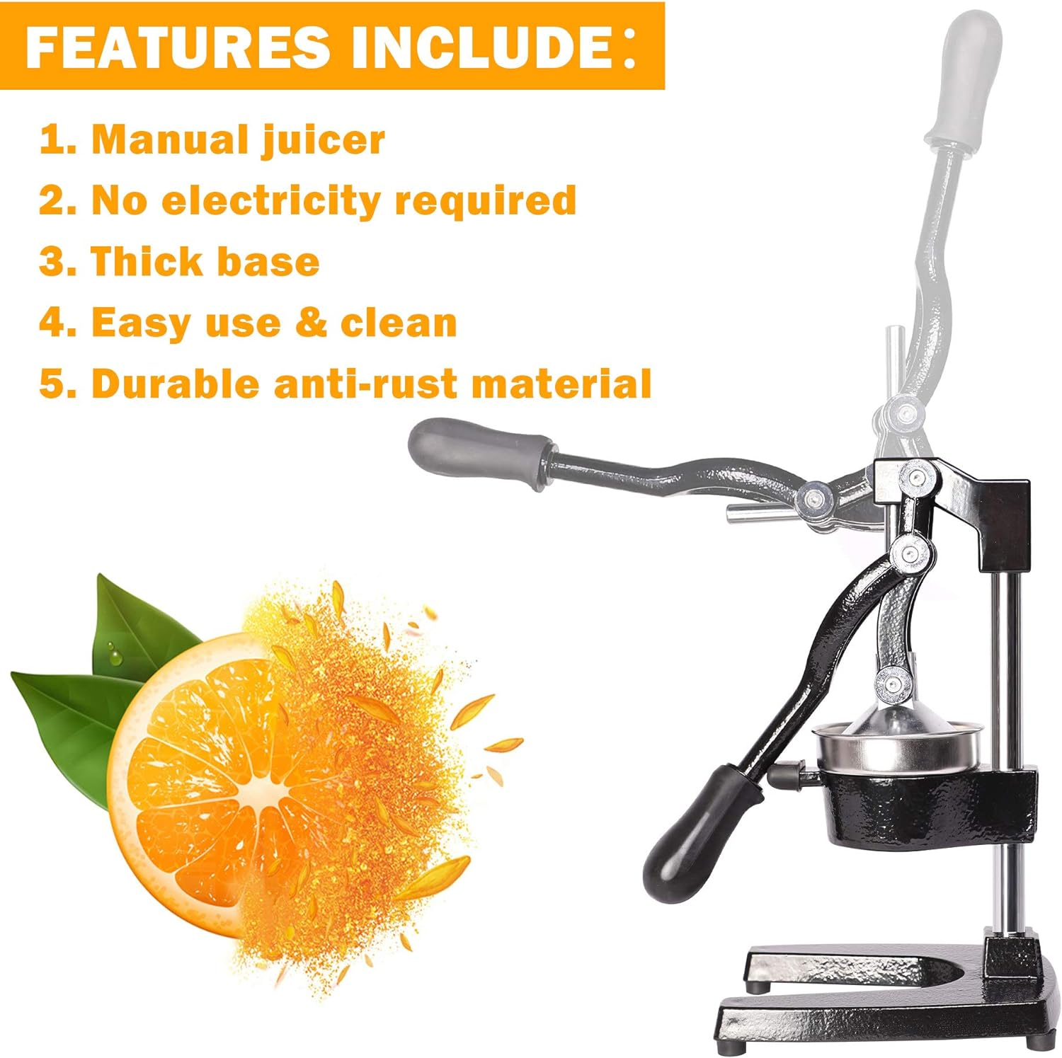 Juicer Labor-saving Manual Commercial Juicer Press Fruit Squeezer with Stable Non-slip Base, Black