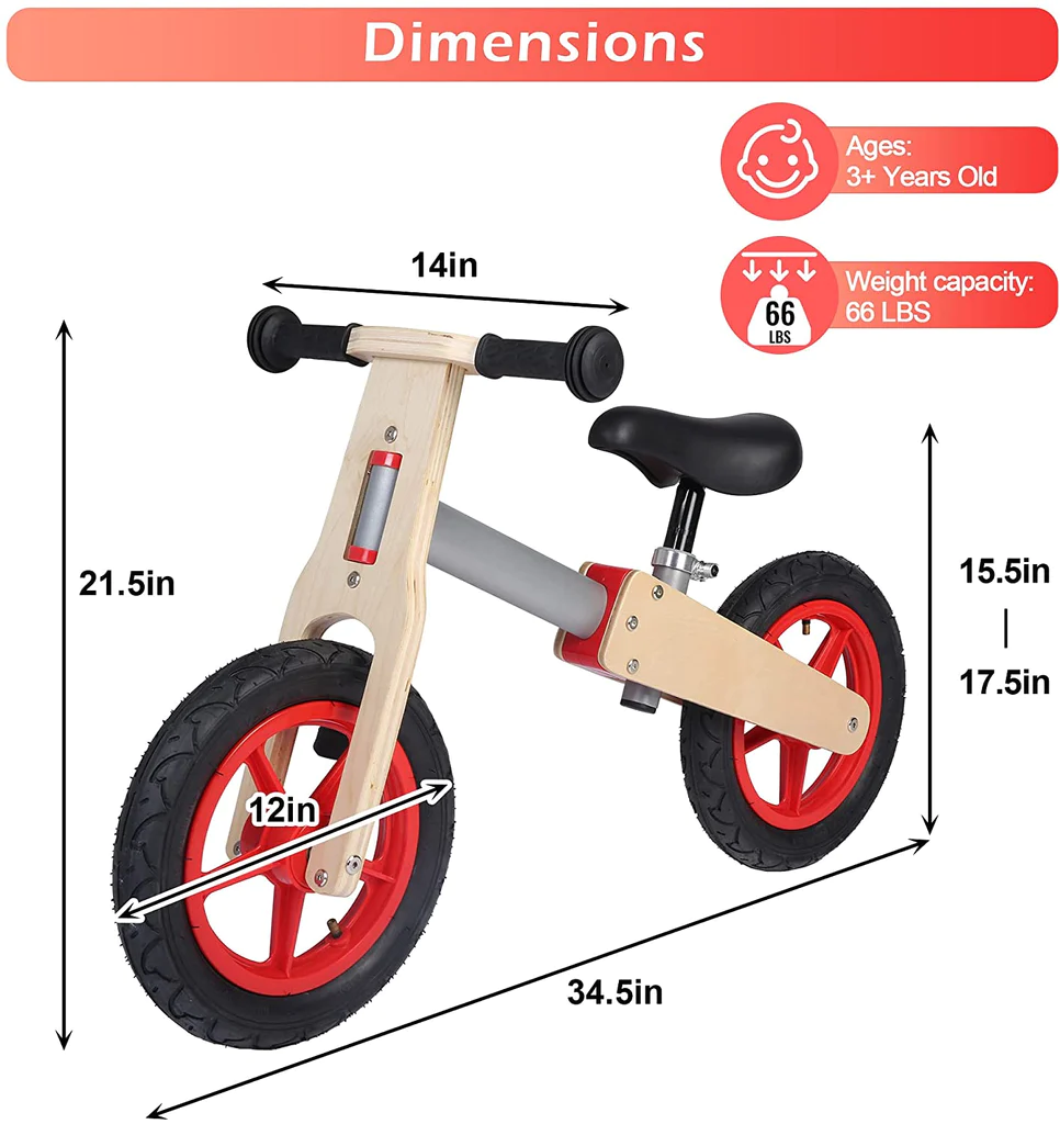 Wooden Sport Kids' Balance Bike with Adjustable Seat for Kids 3+ Years Old