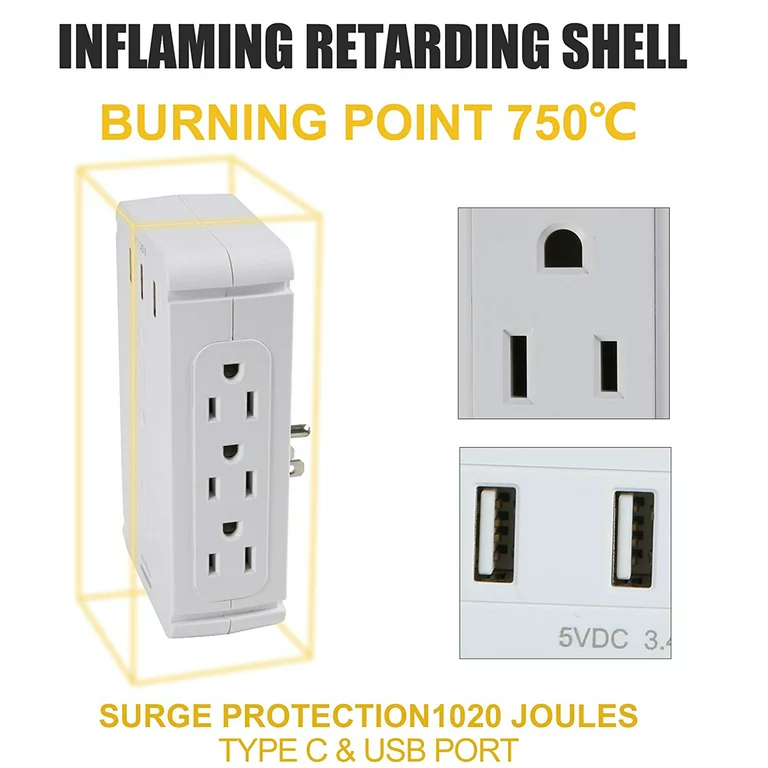 Wall Outlet Extender-2 Pack Surge Protector Multifunctional Outlet Wall Plug with 3 USB Ports