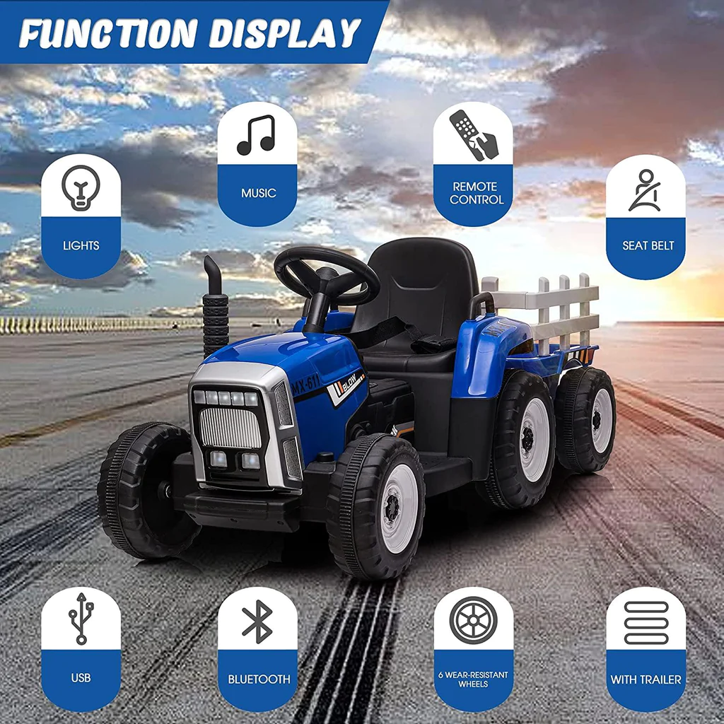 12V Kids Electric Tractor Battery Powered Ride on Toy with Detachable Large Trailer for Age 3+, Blue