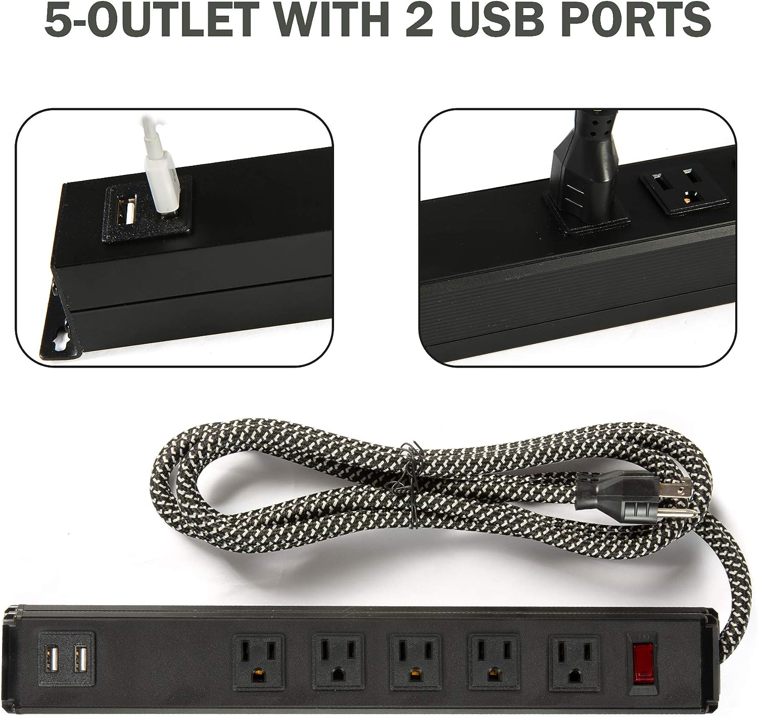 Power Strip 2PCS Surge Protector 5-Outlet with 2 USB Ports(5V/2.4A), 6ft Heavy-Duty Braided Extension Cords| karmasfar.us
