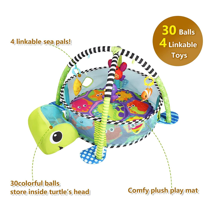 3-in-1 Cartoon Baby Infant Activity Gym Turtle Play mat & Ball Pit with 30 Balls and 4 Linkable Toys