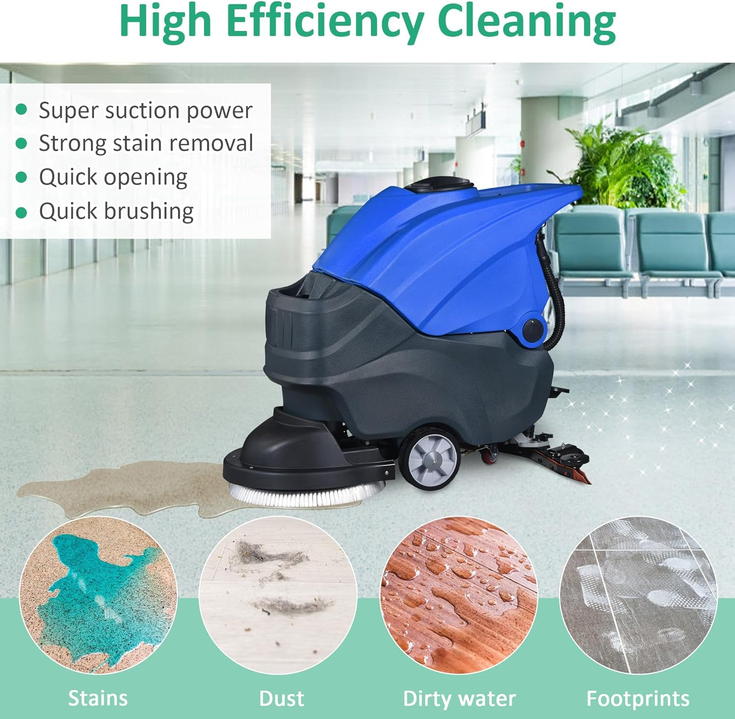 Floor Scrubber Machine with Adjustable Handle - 20.8 Inches (530mm) Cleaning Path with High Cleaning Efficiency