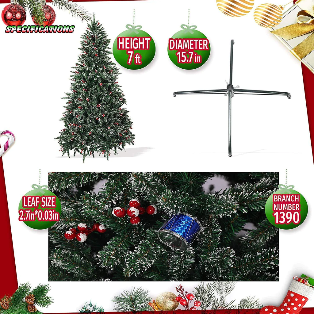 7’ Artificial Christmas Tree with 1390 Branch Tips, Snow Flocked, Red Cheery, Green | karmasfar.us