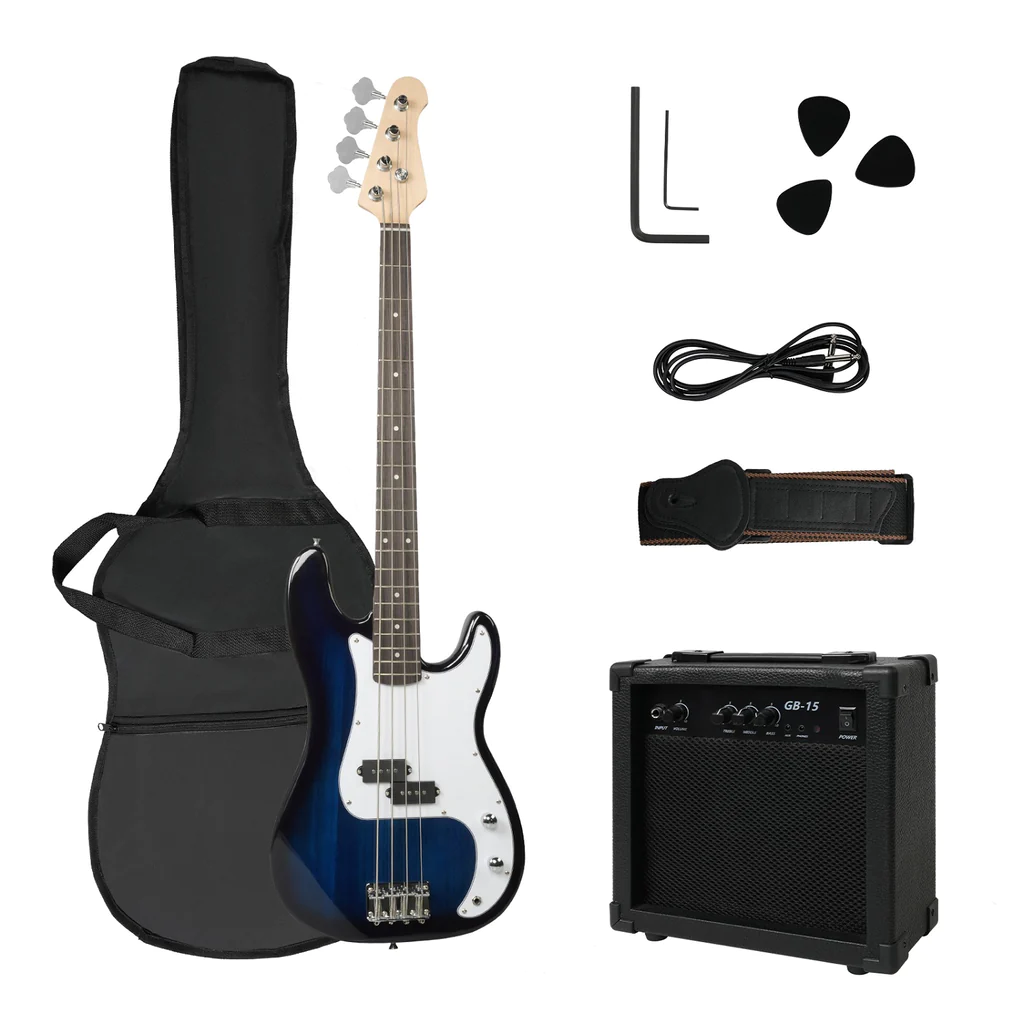 Electric Bass Guitar 4 Strings, 46 Inch Full Size Beginner Kit with 15W Amp