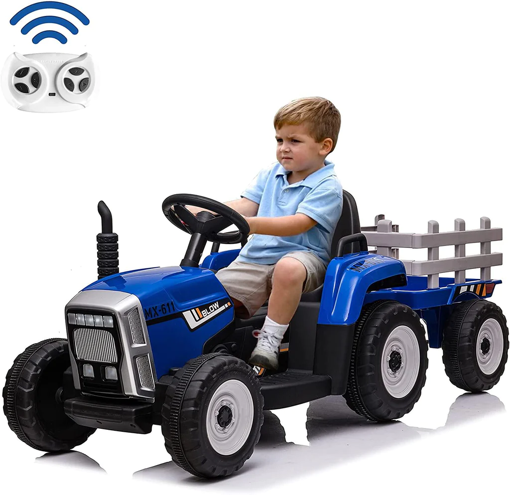 12V Kids Electric Tractor Battery Powered Ride on Toy with Detachable Large Trailer for Age 3+, Blue