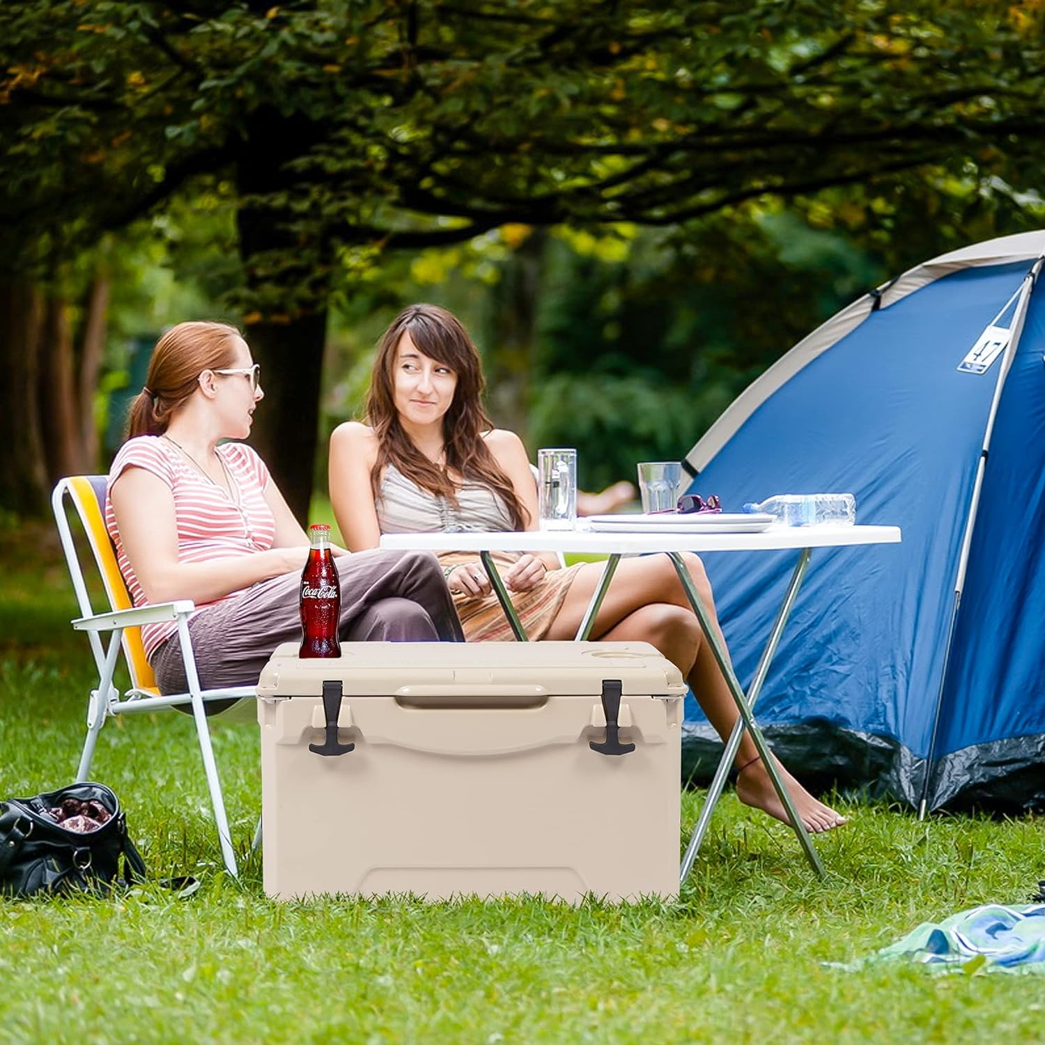 Rotomolded Cooler, 50QT Tan Cooler with Built-in Cup Holder, Bottle Openers, and Fish Ruler