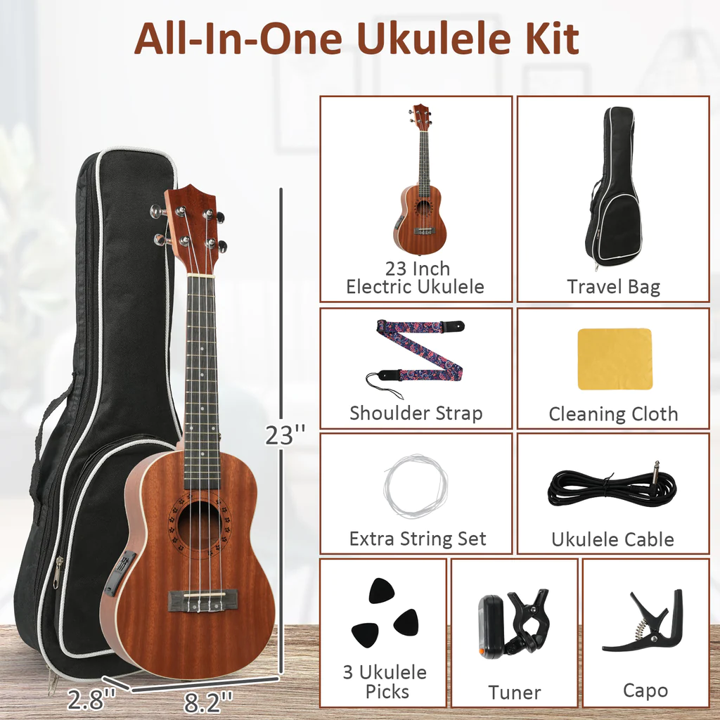 23-inch Mahogany Wood Ukulele, Wooden Electric Ukulele Starter