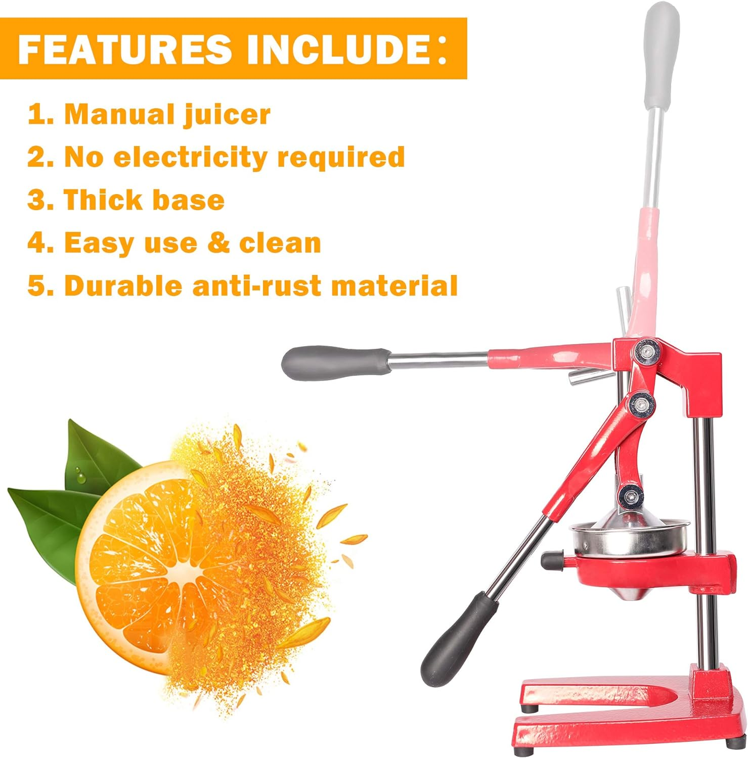 Manual Stainless Steel Citrus Juicer Squeezer with Cast Iron Base and Handle, Red