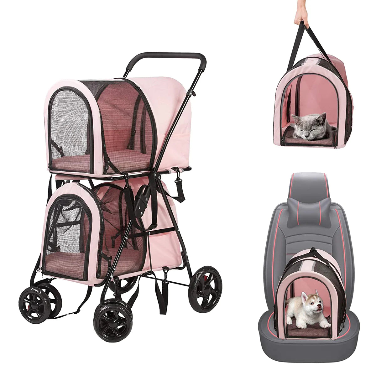 Portable and Foldable Double Cat Stroller on for Small Medium Dogs Cats, with 2 Detachable Carrier BagsPink